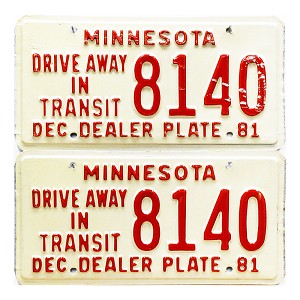 1981 Minnesota Drive Away In Transit Dealer License Plates Pair #8140
