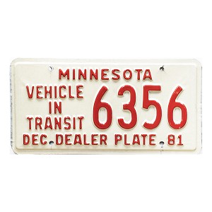 1981 Minnesota Vehicle In Transit Dealer License Plate #6356