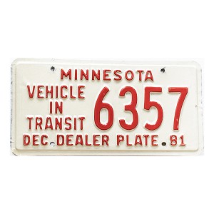 1981 Minnesota Vehicle In Transit Dealer License Plate #6357