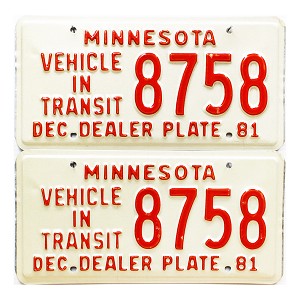1981 Minnesota Vehicle In Transit Dealer License Plates Pair #8758