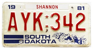1981 South Dakota License Plate #AYK342