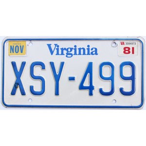 1981 Virginia License Plate #XSY499