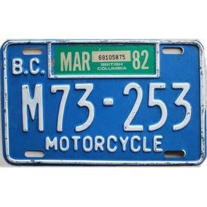 1982 British Columbia Motorcycle License Plate #M73253