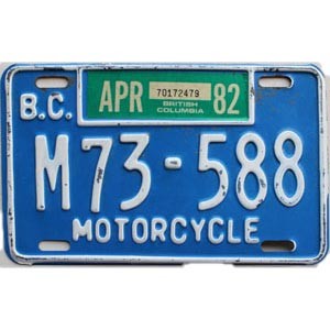 1982 British Columbia Motorcycle License Plate #M73588