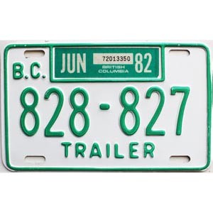 1982 British Columbia Trailer License Plate #828827