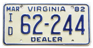 1982 Virginia Dealer License Plate #62244