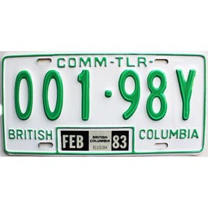 1983 British Columbia Commercial Trailer License Plate #00198Y