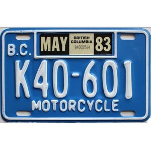 1983 British Columbia Motorcycle License Plate #K40601