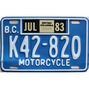 1983 British Columbia Motorcycle License Plate #K42820