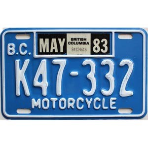 1983 British Columbia Motorcycle License Plate #K47332