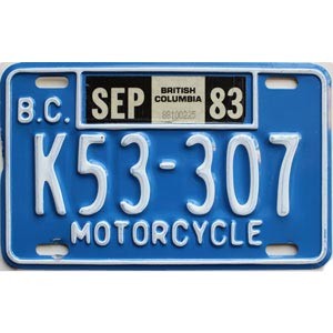 1983 British Columbia Motorcycle License Plate #K53307