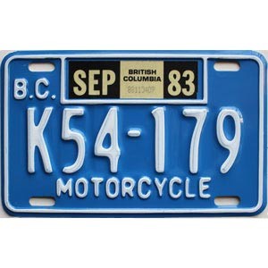 1983 British Columbia Motorcycle License Plate #K54179