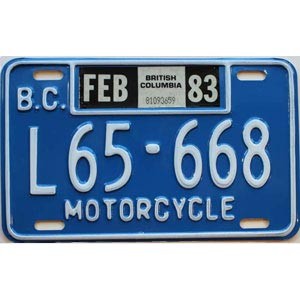 1983 British Columbia Motorcycle License Plate #L65668