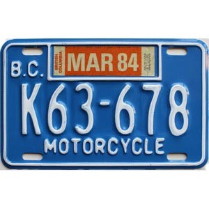 1984 British Columbia Motorcycle License Plate #K63678