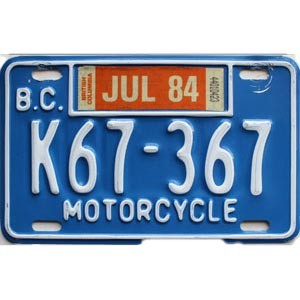 1984 British Columbia Motorcycle License Plate #K67367