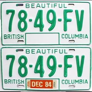 1984 British Columbia Truck License Plates Pair #7849FV