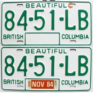 1984 British Columbia Truck License Plates Pair #8451LB