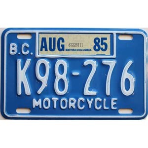 1985 British Columbia Motorcycle License Plate #K98276
