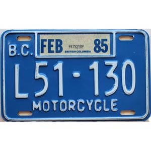 1985 British Columbia Motorcycle License Plate #L51130
