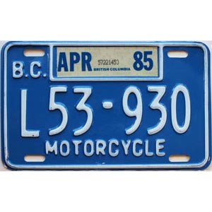 1985 British Columbia Motorcycle License Plate #L53930