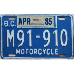 1985 British Columbia Motorcycle License Plate #M91910