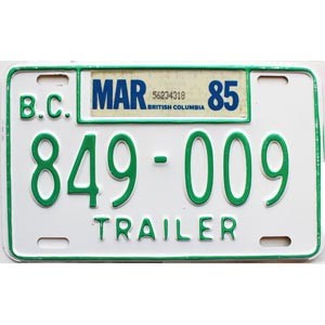 1985 British Columbia Trailer License Plate #849009