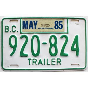 1985 British Columbia Trailer License Plate #920824