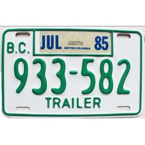 1985 British Columbia Trailer License Plate #933582