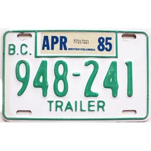 1985 British Columbia Trailer License Plate #948241