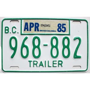 1985 British Columbia Trailer License Plate #968882