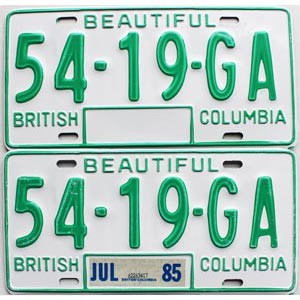 1985 British Columbia Truck License Plates Pair #5419GA