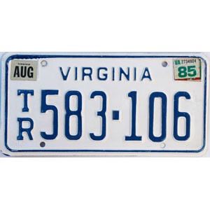 1985 Virginia Trailer License Plate #583106