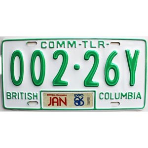 1986 British Columbia Commercial Trailer License Plate #00226Y