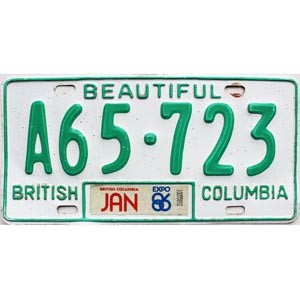 1986 British Columbia Farm License Plate #A65723