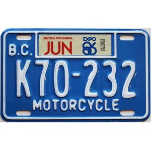 1986 British Columbia Motorcycle License Plate #K70232