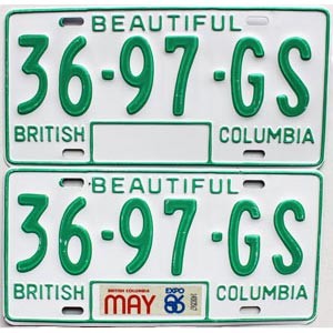 1986 British Columbia Truck License Plates Pair #3697GS