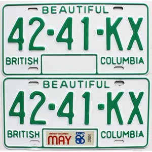 1986 British Columbia Truck License Plates Pair #4241KX
