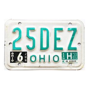 1986 Ohio Motorcycle License Plate #25DEZ