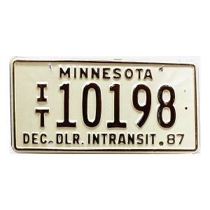 1987 Minnesota Dealer In Transit License Plate #10198