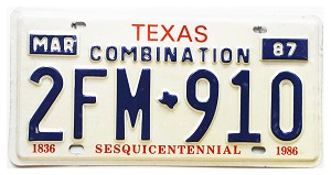 1987 Texas Combination License Plate #2FM910