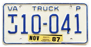 1987 Virginia Truck License Plate #TJ10041