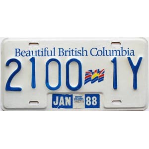 1988 British Columbia Commercial Trailer License Plate #21001Y