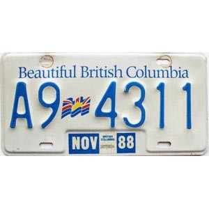 1988 British Columbia Farm License Plate #A94311