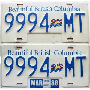 1988 British Columbia Truck License Plates Pair #9994MT