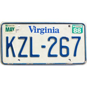 1988 Virginia License Plate #KZL267