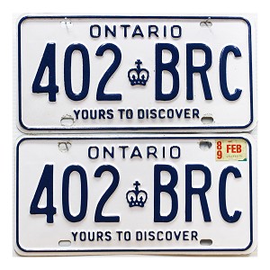 1989 Ontario License Plates Pair #402BRC