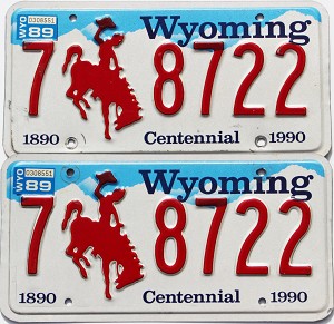 1989 Wyoming Centennial License Plates Pair #78722