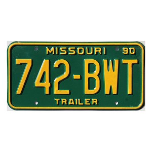 1990 Missouri Trailer License Plate #742BWT