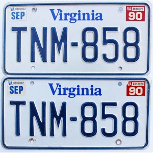 1990 Virginia License Plates Pair #TNM858