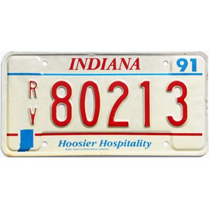 1991 Indiana RV License Plate #80213